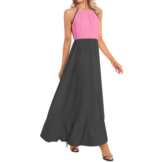 Ruffle Hem Halter Neck Maxi Dress - Pink