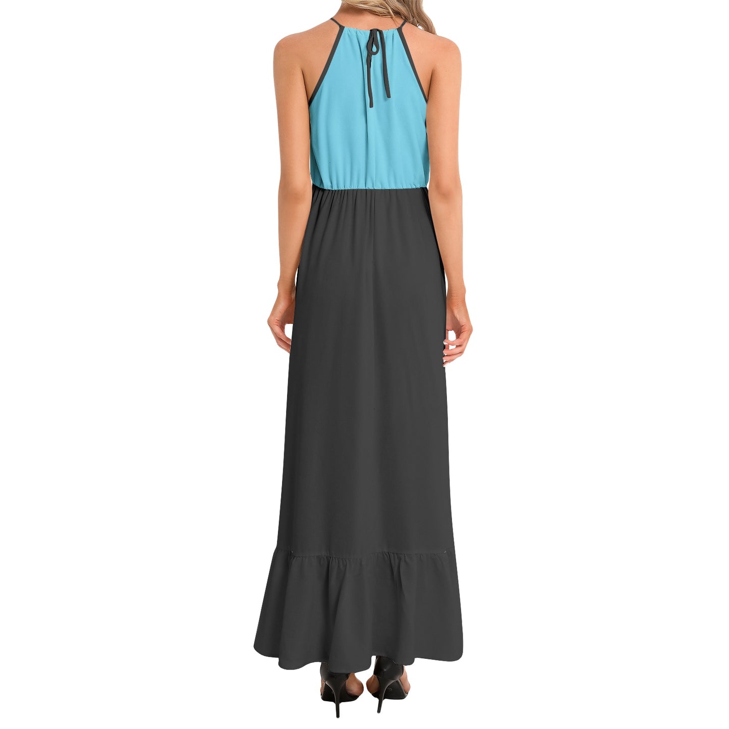 Ruffle Hem Halter Neck Maxi Dress - Light Blue