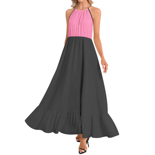 Ruffle Hem Halter Neck Maxi Dress - Pink