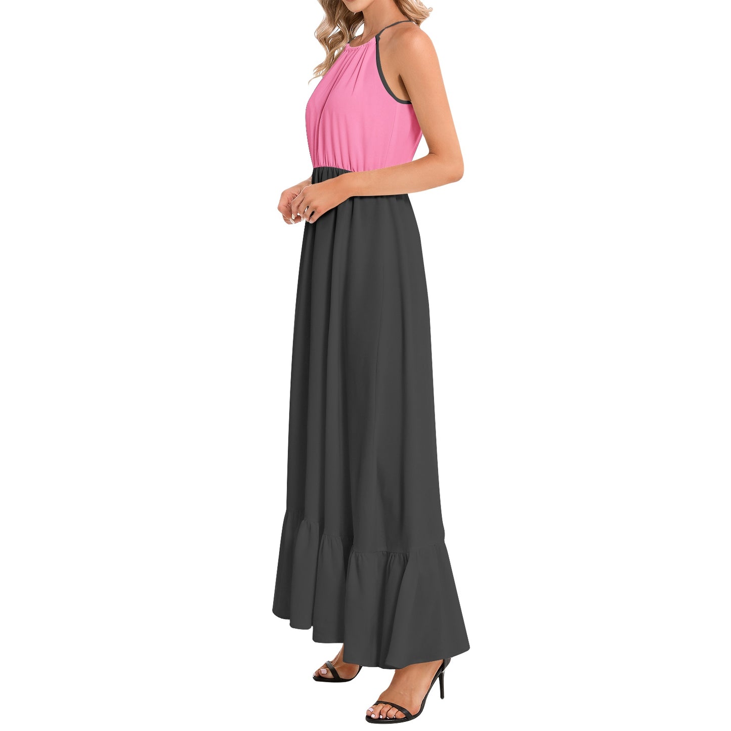 Ruffle Hem Halter Neck Maxi Dress - Pink