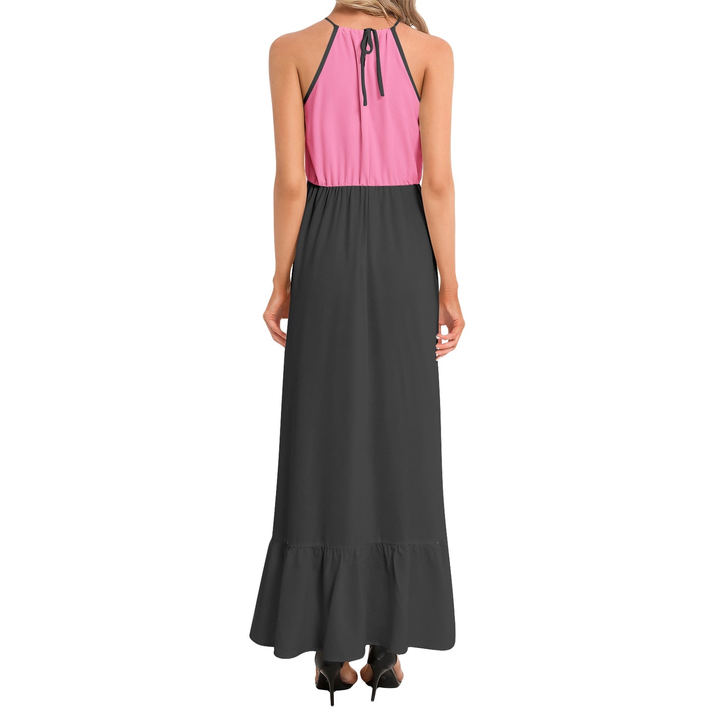 Ruffle Hem Halter Neck Maxi Dress - Pink