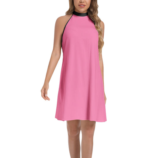 Tie Back Halter Neck Flared Dress - Pink