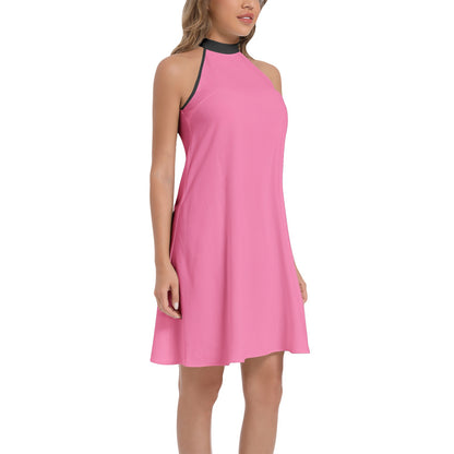 Tie Back Halter Neck Flared Dress - Pink