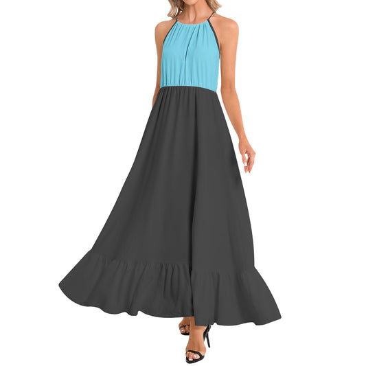Ruffle Hem Halter Neck Maxi Dress - Light Blue