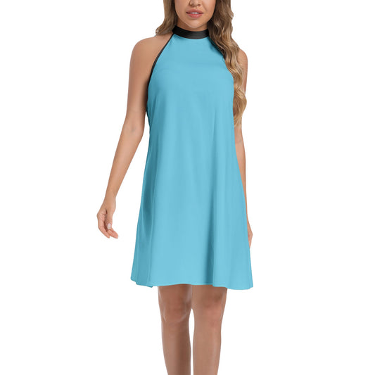 Tie Back Halter Neck Flared Dress - Light Blue