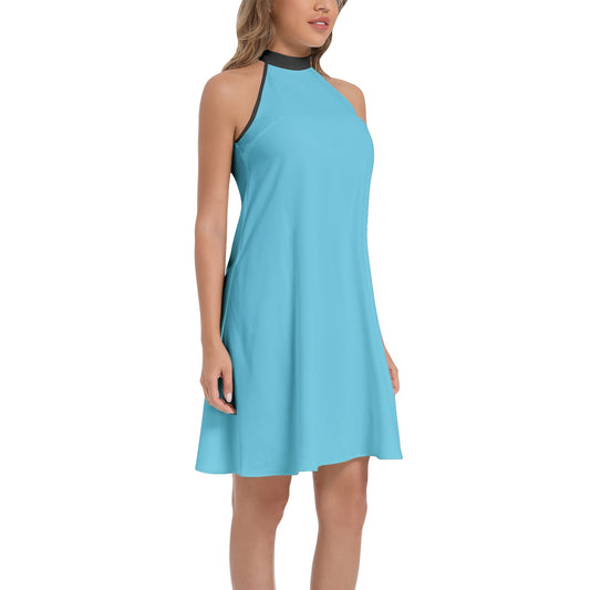 Tie Back Halter Neck Flared Dress - Light Blue