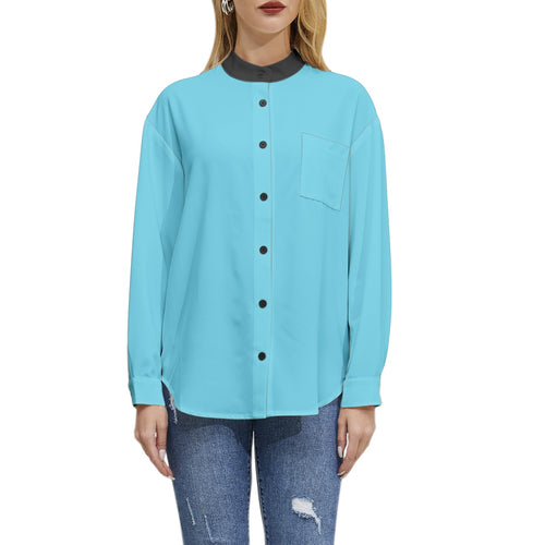 Long Sleeve Button Up Casual Shirt Top - Light Blue