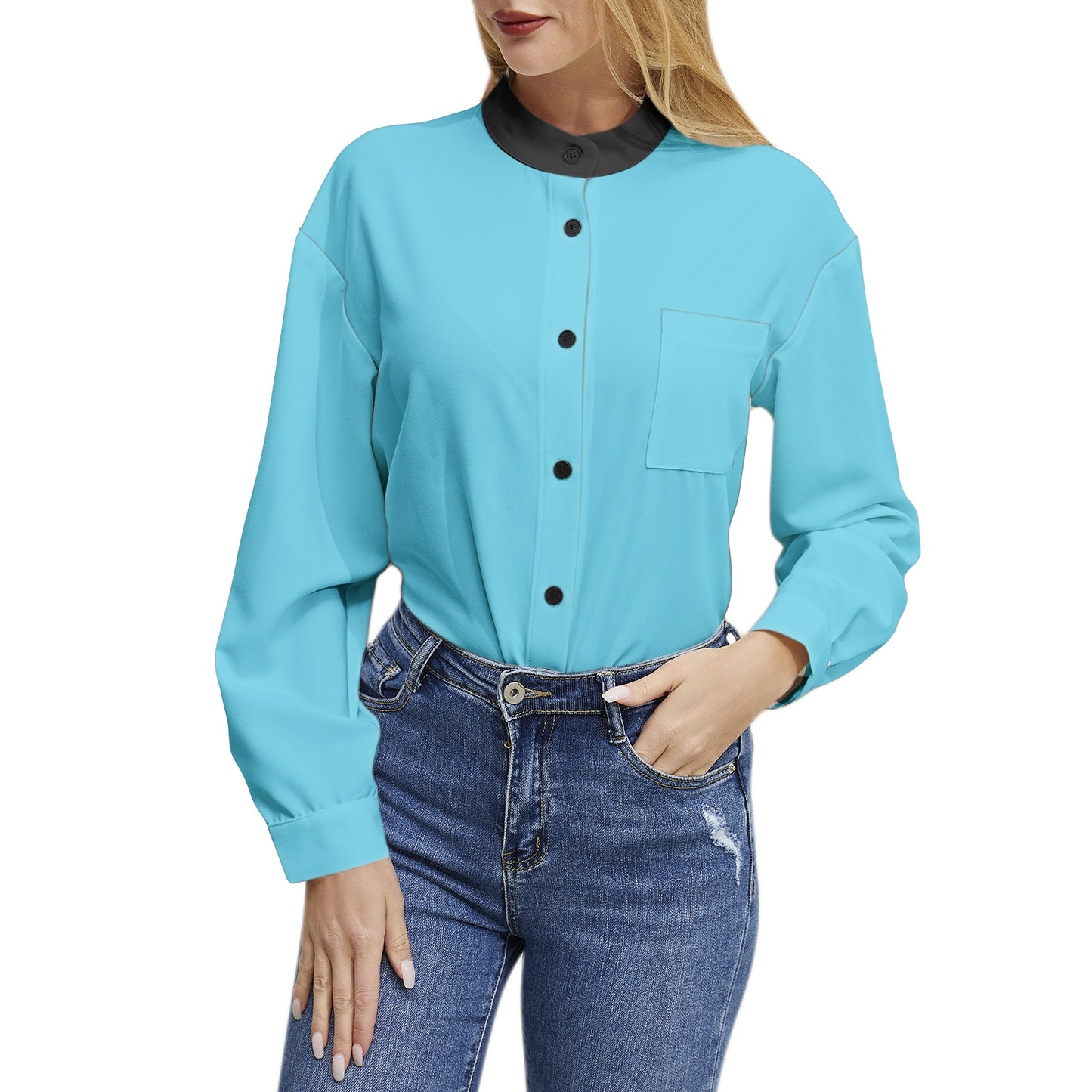 Long Sleeve Button Up Casual Shirt Top - Light Blue
