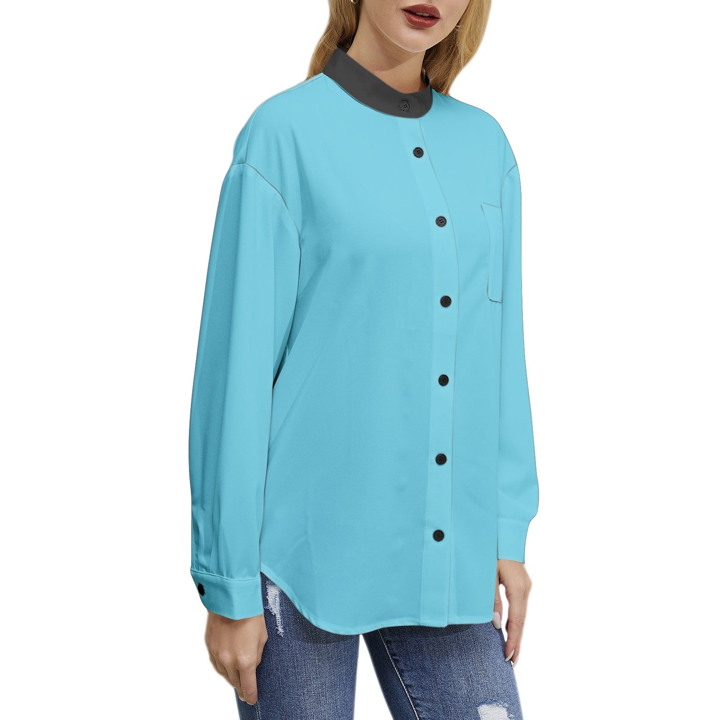 Long Sleeve Button Up Casual Shirt Top - Light Blue