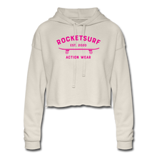 Load image into Gallery viewer, Women&#39;s Cropped Shadow Hoodie - RocketSurf Skate Club Magenta Lettering - dust