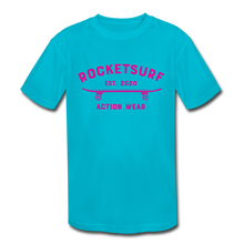 Cargar imagen en el visor de la galería, Kids&#39; Moisture Wicking Performance T-Shirt - RocketSurf Skate Club Magenta Lettering - turquoise