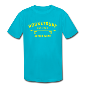 Kids' Moisture Wicking T-Shirt - RocketSurf Skate Club Yellow Lettering - turquoise