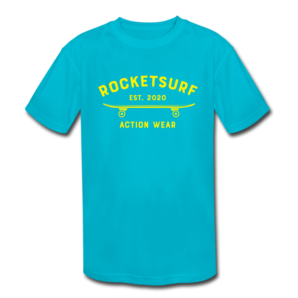 Kids' Moisture Wicking T-Shirt - RocketSurf Skate Club Yellow Lettering - turquoise