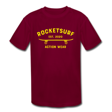 Load image into Gallery viewer, Kids&#39; Moisture Wicking T-Shirt - RocketSurf Skate Club Yellow Lettering - burgundy