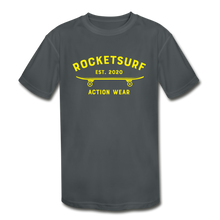 Carregar imagem no visualizador da galeria, Kids&#39; Moisture Wicking T-Shirt - RocketSurf Skate Club Yellow Lettering - charcoal