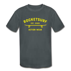 Kids' Moisture Wicking T-Shirt - RocketSurf Skate Club Yellow Lettering - charcoal